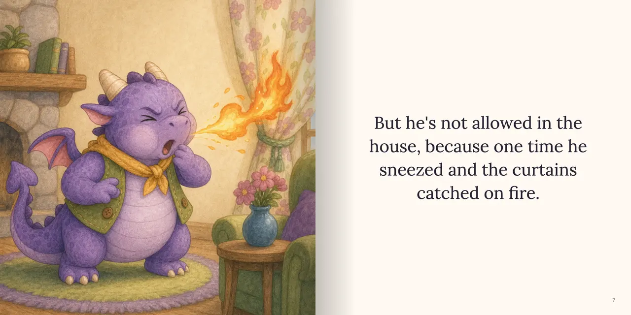 Sample book spread: Inside a cozy living room, the dragon squeezes his eyes shut mid-sneeze while a small cartoon flame puffs onto the flowered curtains; a funny, not scary moment. The words read: “But he's not allowed in the house, because one time he sneezed and the curtains catched on fire.”