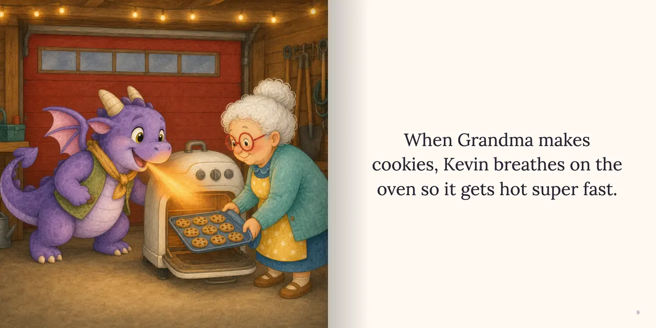 Sample book spread: In Grandma's cozy garage, the dragon breathes a gentle warm orange glow onto a small old white oven with rounded corners, two knobs and a handle on top while Grandma slides in round golden chocolate-chip cookies on a blue baking tray. The words read: “When Grandma makes cookies, Kevin breathes on the oven so it gets hot super fast.”