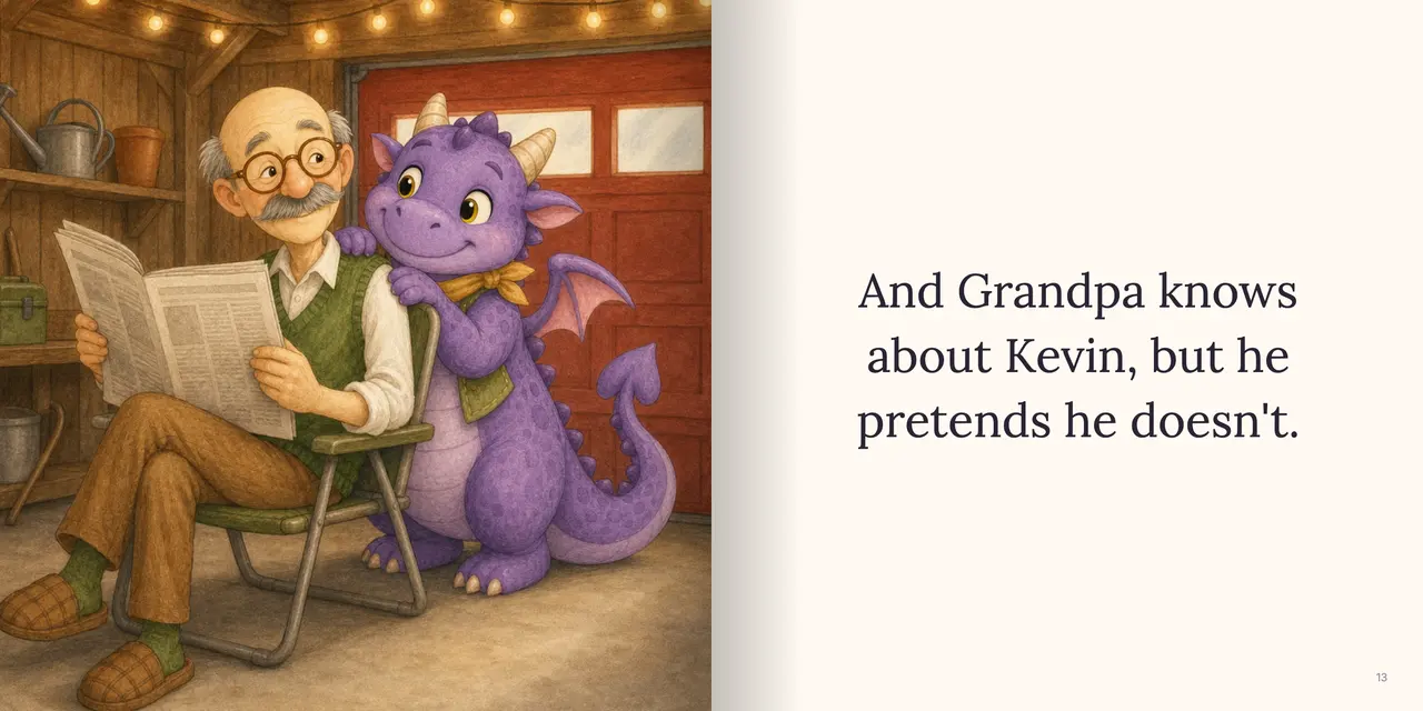 Sample book spread: In Grandma's cozy garage, Grandpa sits in a folding chair holding up a newspaper and looking the other way with a little smile, while the dragon peeks over his shoulder. The words read: “And Grandpa knows about Kevin, but he pretends he doesn't.”