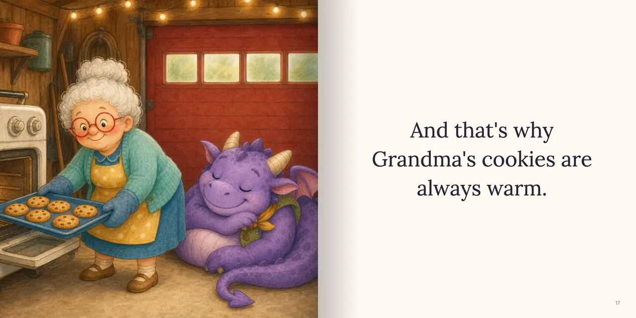 Sample book spread: Grandma lifts round golden chocolate-chip cookies on a blue baking tray out of a small old white oven with rounded corners, two knobs and a handle on top in Grandma's cozy garage, warm and glowing, while the dragon curls up behind her with a proud, sleepy smile. The words read: “And that's why Grandma's cookies are always warm.”