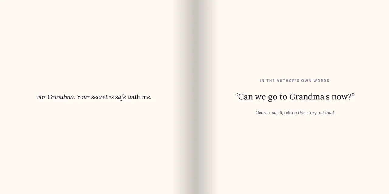 Sample book spread: the dedication page, “For Grandma. Your secret is safe with me.”, and “In the author's own words”