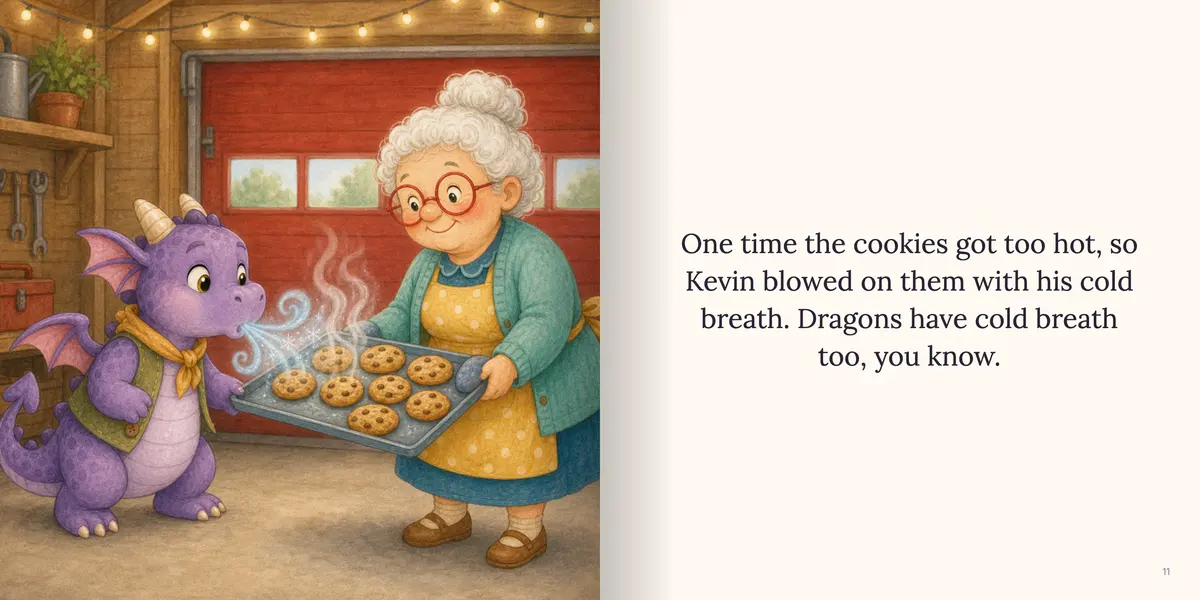 The finished page: “One time the cookies got too hot, so Kevin blowed on them with his cold breath. Dragons have cold breath too, you know.” beside an illustration of a purple dragon blowing frosty breath on a tray of cookies